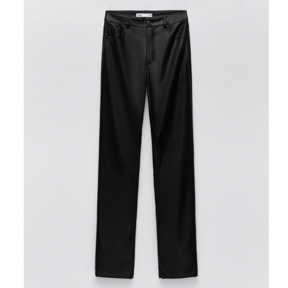 Zara Extra Long Faux Leather Straight Leggings Pants Ankle Slit - Picture 5 of 11
